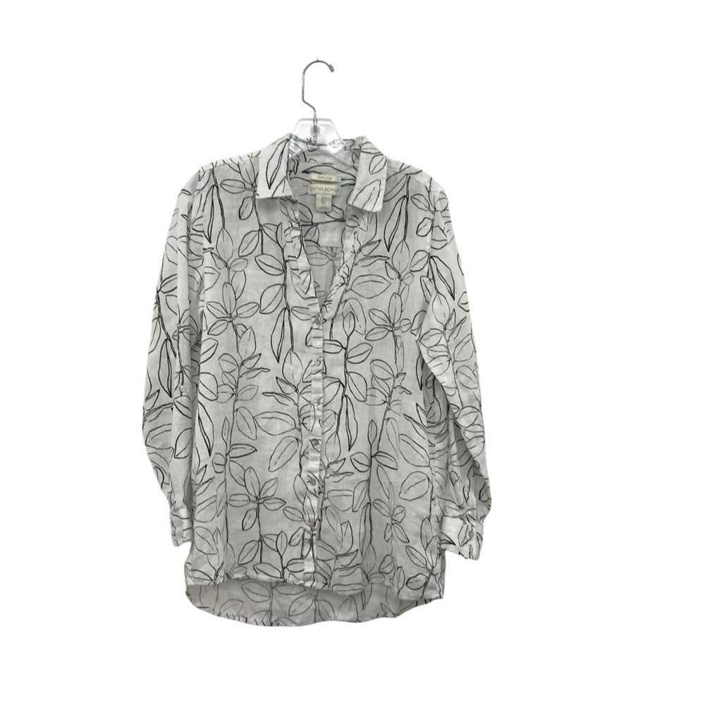 Cynthia Rowley Black and White Leaf Print 100% Button Up Linen Shirt Size Small